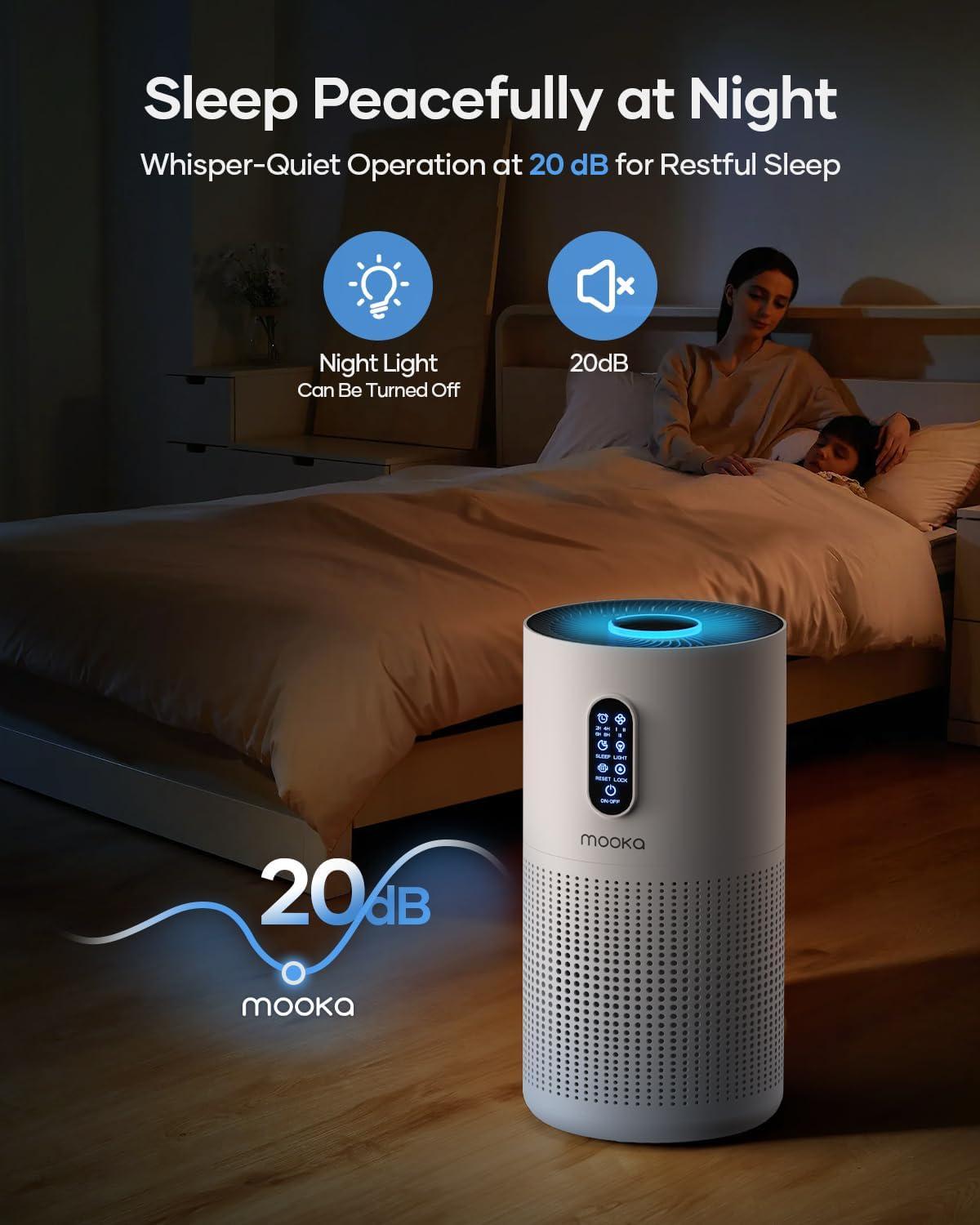 imageAir Purifiers for Home Large Room up to 1500 ft MOOKA HEPA Air Purifier for Home Pets Hair in Bedroom with Aromatherapy Air Filter Cleaner for Dorm Pets Office 20dB Night Light BD03 White